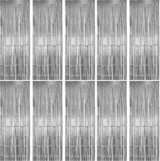10 Pack Silver Foil Fringe Curtains, Silver Tinsel Backdrop Party Curtains, Party Decorations Supplies for Birthday, Holidays, Parties & More