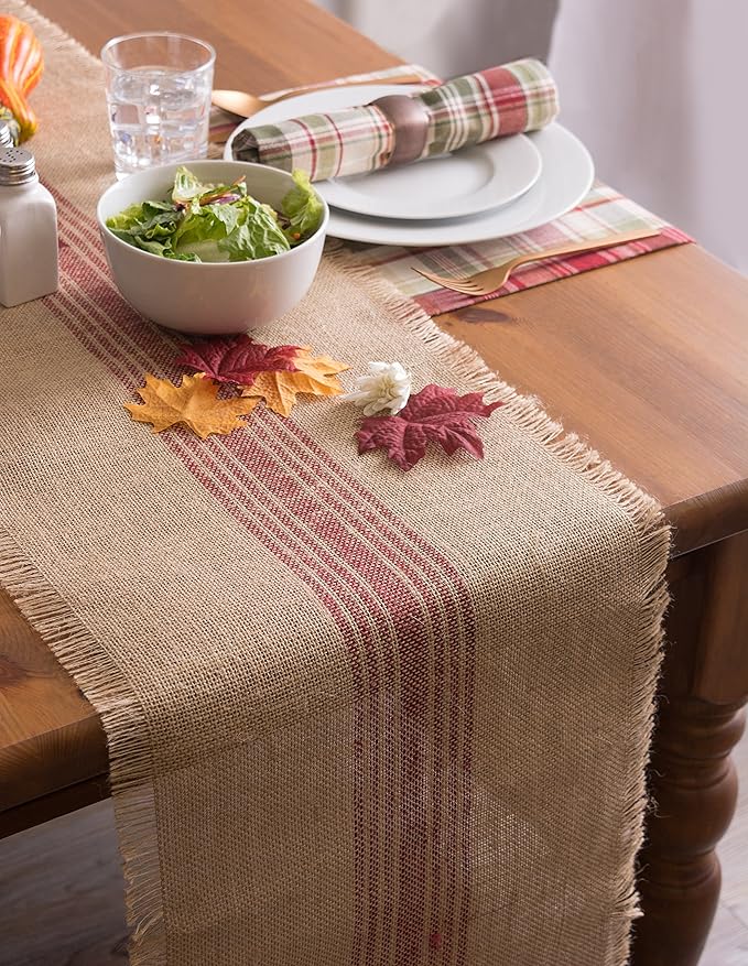 DII Jute Burlap Collection Kitchen Tabletop, Table Runner, 14x72, Middle Stripe Barn Red