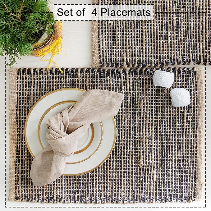 Chardin Home Natural Jute & Black Placemats, Set of 4 – Rustic Handmade Boho Table Mats, 13x19 Inch Dining Table Placemats for Kitchen, Everyday Meals, Holidays, Farmhouse or Modern Table Décor
