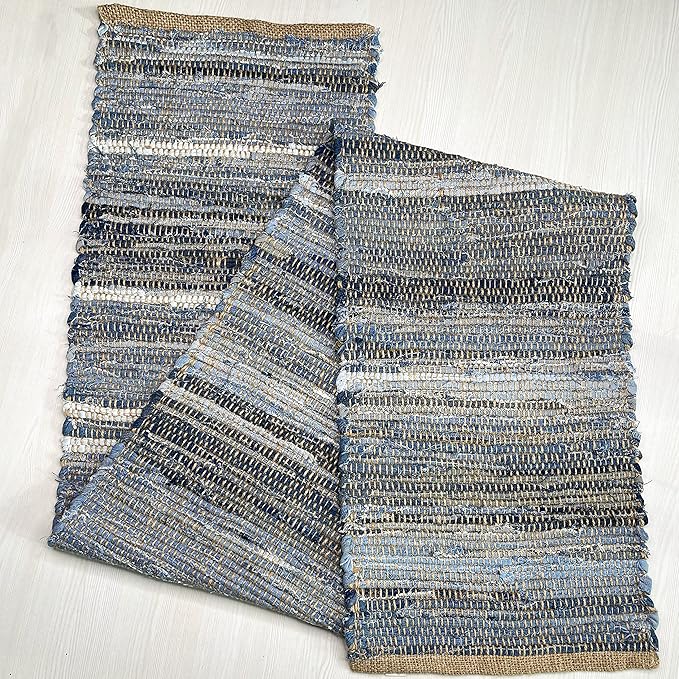 Chardin Home 14x72 Inch Handcrafted Table Runner – Natural Jute and Denim Chindi – Rustic Boho Farmhouse Table Decor – Sustainable Dining Table Accent for Everyday or Special Occasions