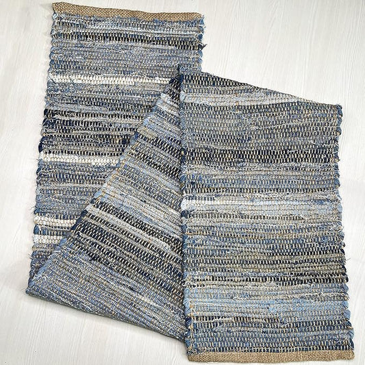 Chardin Home 14x72 Inch Handcrafted Table Runner – Natural Jute and Denim Chindi – Rustic Boho Farmhouse Table Decor – Sustainable Dining Table Accent for Everyday or Special Occasions