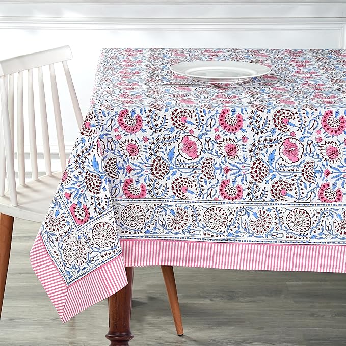 Ridhi Hand Block Print Pigeon Blue Flamingo Pink Rectangle Cotton Tablecloth 120" x 80" Reusable Table Cover Decorative Everyday Use for Dining, Farmhouse, Home Gift for Spring, Easter, Valentine