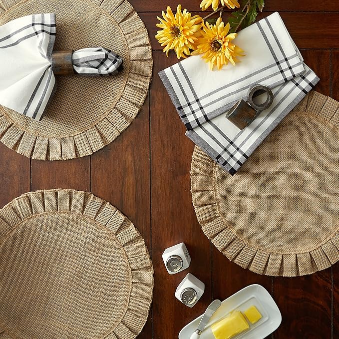 DII Jute Burlap Collection Kitchen Tabletop, Placemat Set, 15" Round, Ruffle Trim Natural, 6 Count