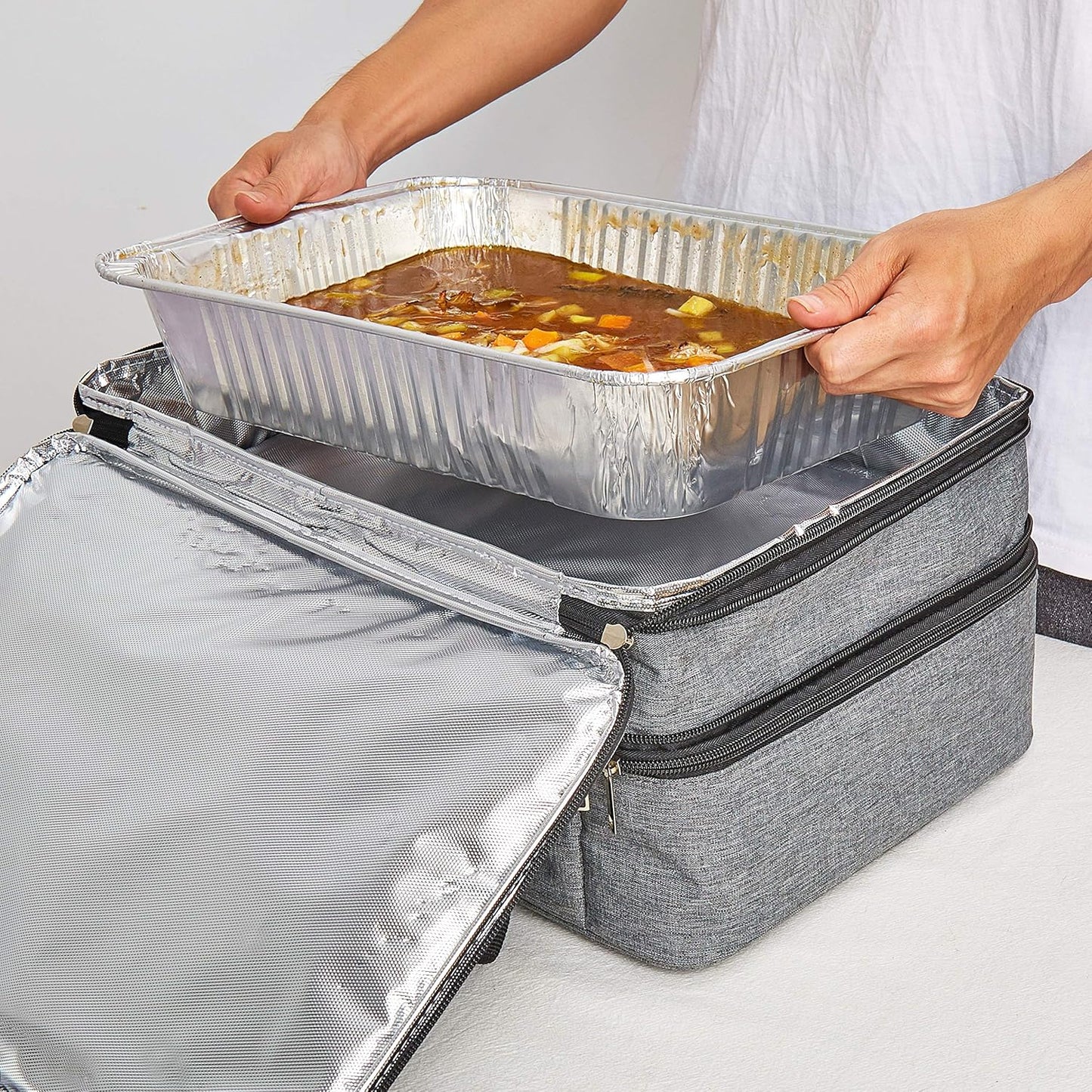 Double Insulated Casserole Carrier Fit 9"x13" Lasagna Lugger Baking Dish Pan for Hot or Cold Food Transport,Portable Thermal Reusable Lunch Warmer Tote Bag for Gathering,Camping,Cookouts,Parties-Gray