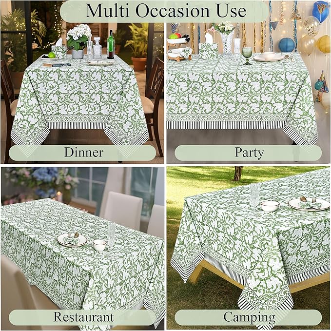 Ridhi Hand Block Print Sage Green Rectangle Cotton Tablecloth 108" x 60" Reusable Table Cover Decorative Everyday Use for Dining, Farmhouse, Home Gift for Spring, Easter, Valentine