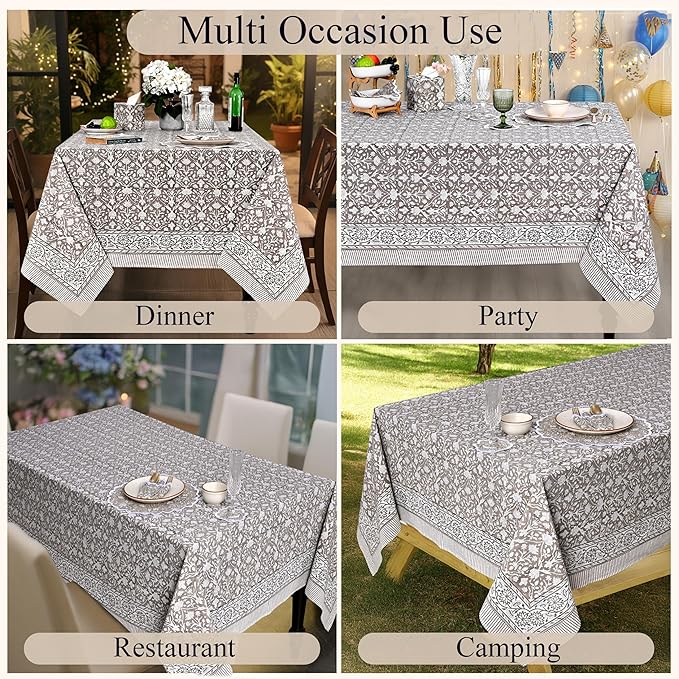 Ridhi Hand Block Print Taupe Rectangle Cotton Tablecloth 140" x 72" Reusable Table Cover Decorative Everyday Use for Dining, Farmhouse, Home Gift for Spring, Easter, Valentine