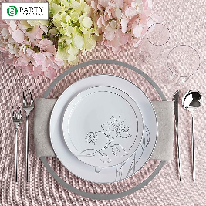 PARTY BARGAINS 13-Inch Charger Plates - 96 Pack, Clear Silver Rim, Heavy-Duty Disposable Chargers for Elegant Dining - Ideal for Weddings and Formal Events