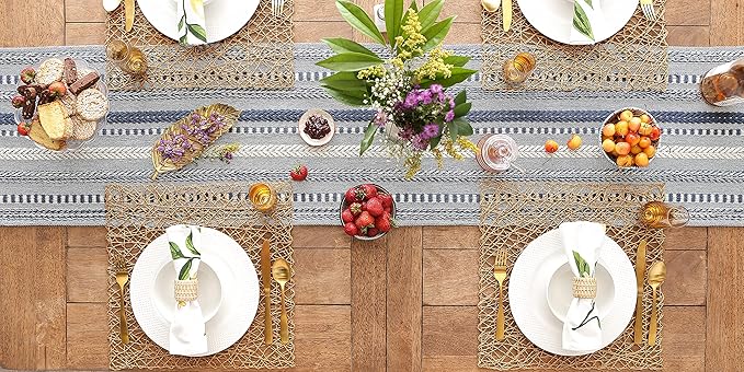 DII Farmhouse Braided Stripe Table Runner Collection, 15x72 (15x77, Fringe Included), French Blue