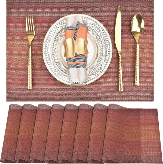 SLKQG Placemats Set of 8 - Easy Clean Washable Vinyl Placemats - Wipeable Heat Resistant Table Mats for Dining Table - 17.7x11.8 Inch (8, Red Gradient)
