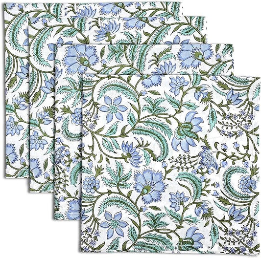 Ridhi Columbia Blue Hand Block Print 100% Cotton Napkins 18" x 18" (Set of 4) Reuseable Kitchen Napkins Cloth Decor Dinner Party Wedding Cocktail Gift for Spring, Easter, Valentine