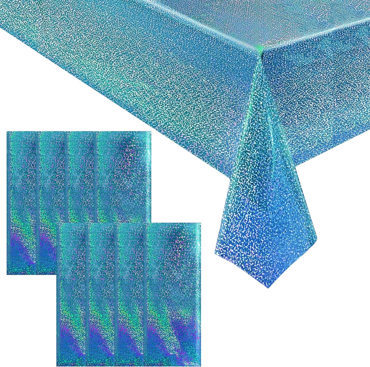 8pcs Blue Holographic Laser Tablecloths 40" x 108" Plastic Table Cloths for Parties Shimmer Shiny Party Decoration for Winter Ocean Princess Birthday Party Wedding Baby Shower Christmas Decor
