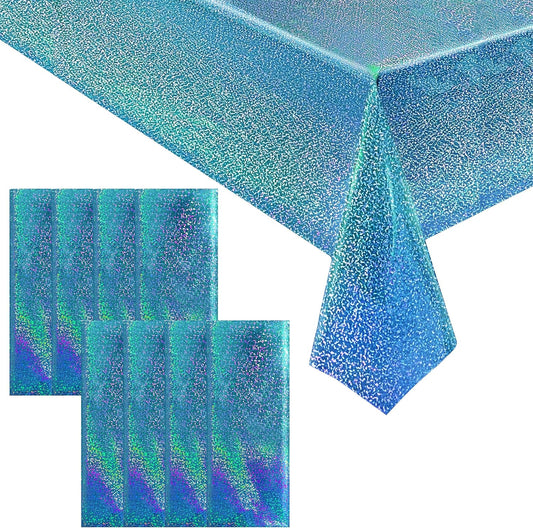 8pcs Blue Holographic Laser Tablecloths 40" x 108" Plastic Table Cloths for Parties Shimmer Shiny Party Decoration for Winter Ocean Princess Birthday Party Wedding Baby Shower Christmas Decor