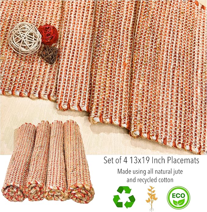 Chardin Home Natural Jute & Rust Orange Placemats, Set of 4 – Rustic Handmade Boho Table Mats, 13x19 Inch Dining Table Placemats for Kitchen, Everyday Meals, Holidays, Farmhouse or Modern Table Décor