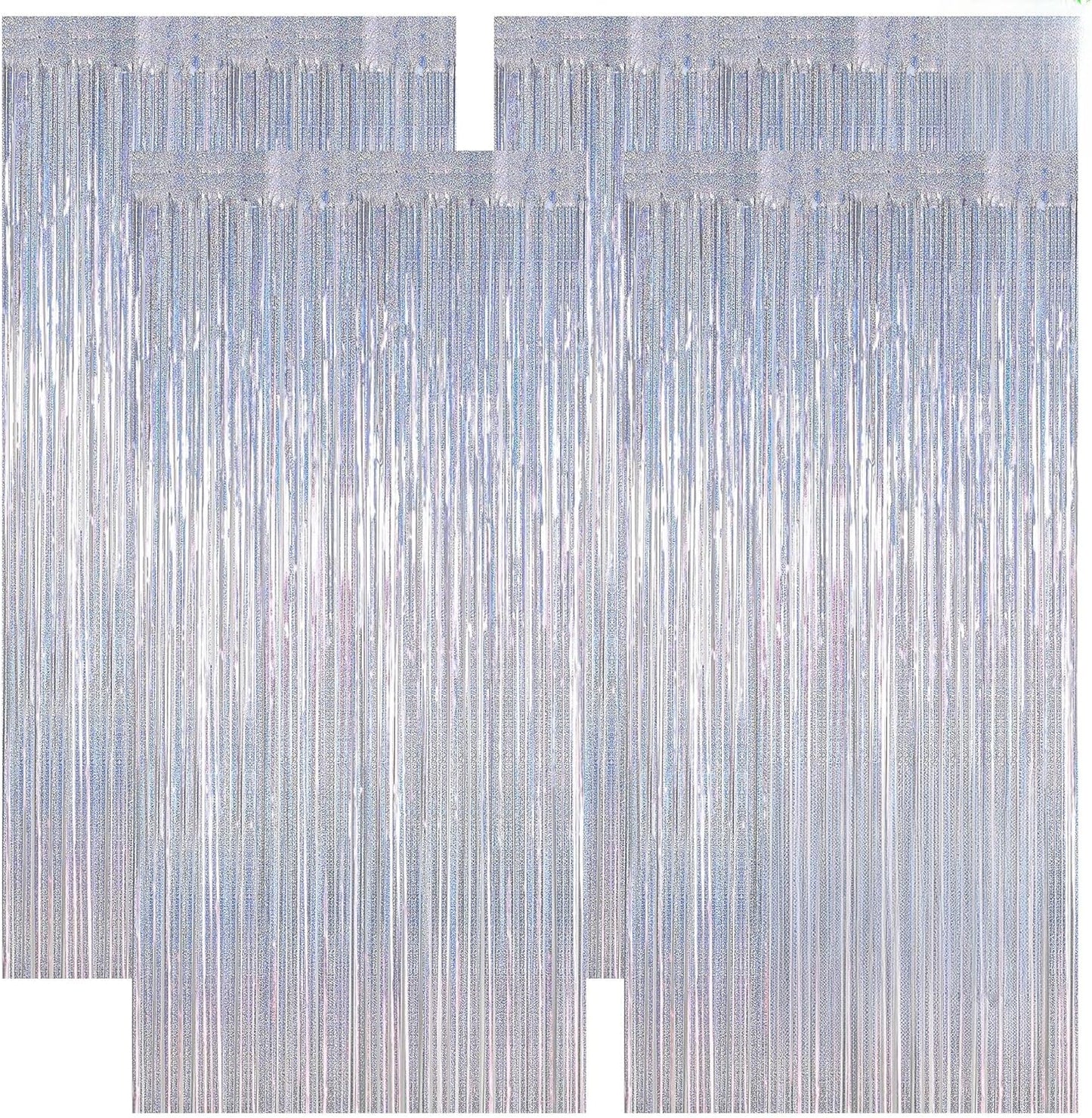 4 Pack Fringe Backdrop, 3.28 FT x 7.05 FT Glitter Silver Tinsel Curtains, Metallic Foil Streamer Disco Fringe Backdrop Party Curtains, Birthday Party Supplies Disco Decorations