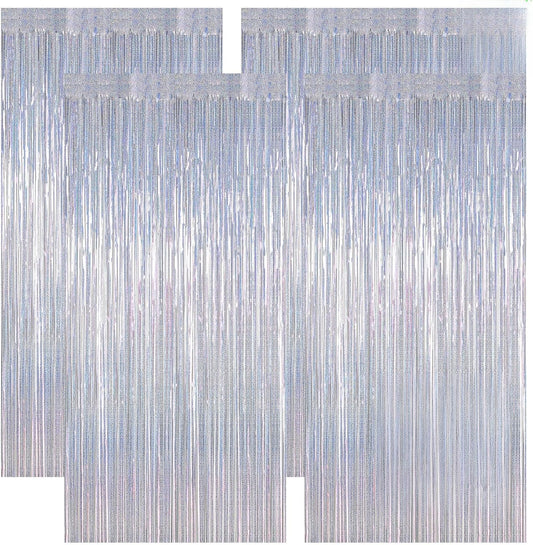 4 Pack Fringe Backdrop, 3.28 FT x 7.05 FT Glitter Silver Tinsel Curtains, Metallic Foil Streamer Disco Fringe Backdrop Party Curtains, Birthday Party Supplies Disco Decorations