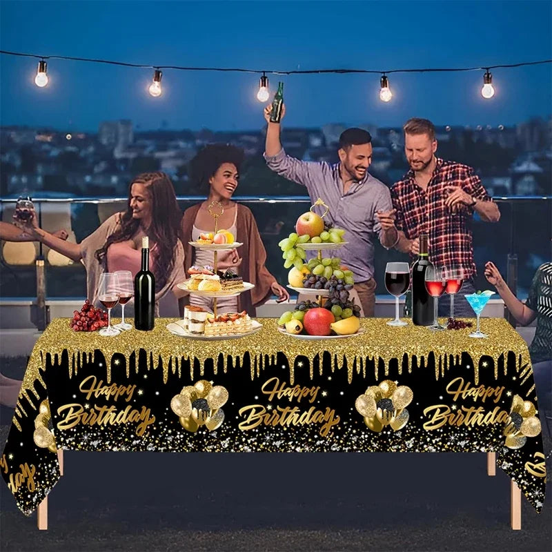 220x130cm Black Gold Disposable Plastic Tablecloth Birthday Party Decorations for Men Women Years Old Table Cover Party Supplies