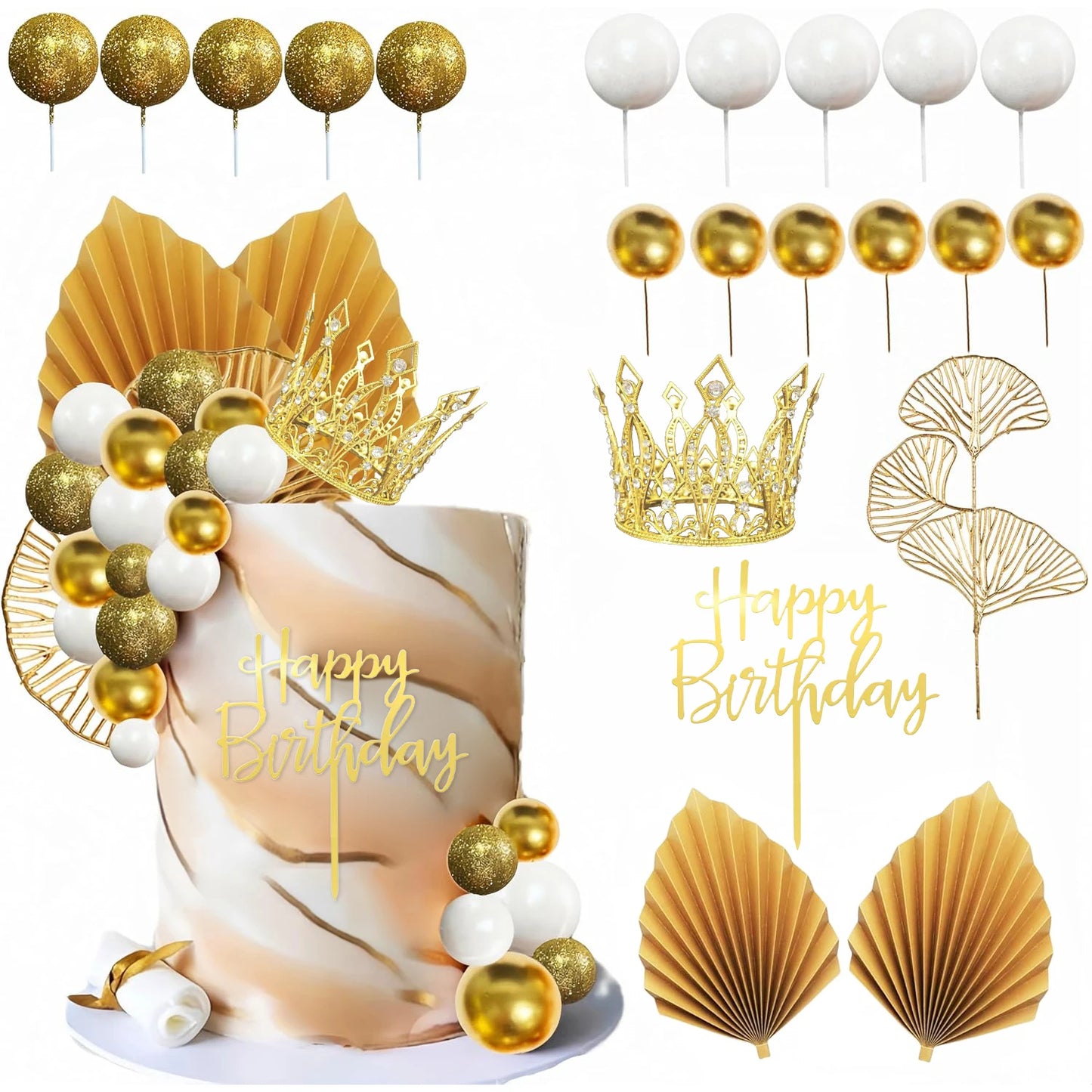 Balls Cake Toppers White Gold Balls Cake Toppers Crown Cake Toppers Boho Wedding Baby Shower Party Decoration