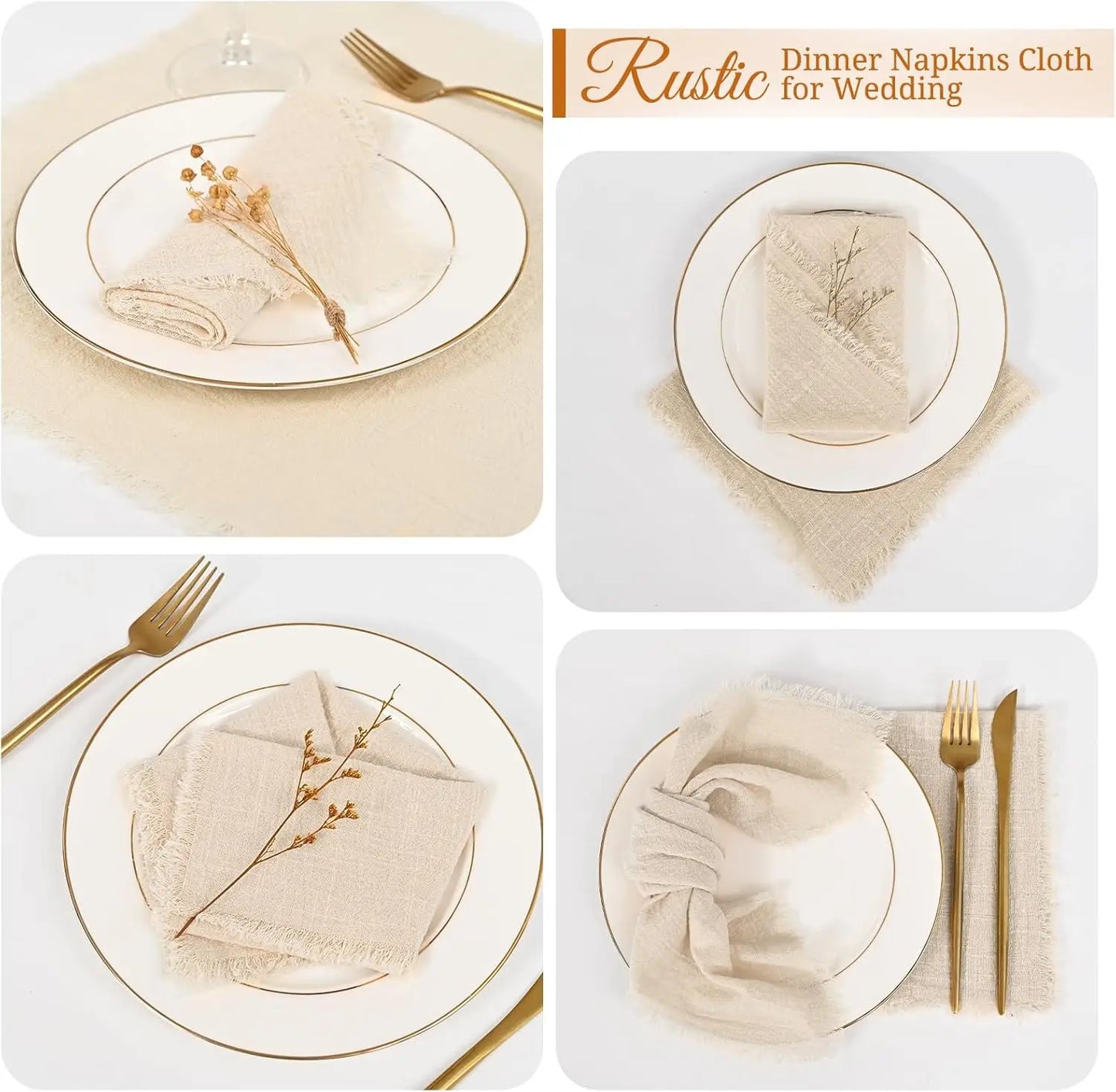 50 Pack 32x32cm Handmade Cotton Cloth Napkins, 100% Cotton Gauze Napkins with Fringe for Dinners, Parties, Weddings, Banquets