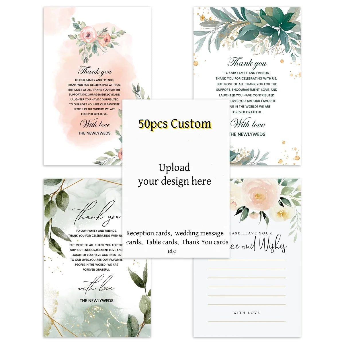 50pcs Custom Image Cards For Wedding Invitation,Reception Message Cards,Thank You Menu Table Cards,Events Celebration Decoration