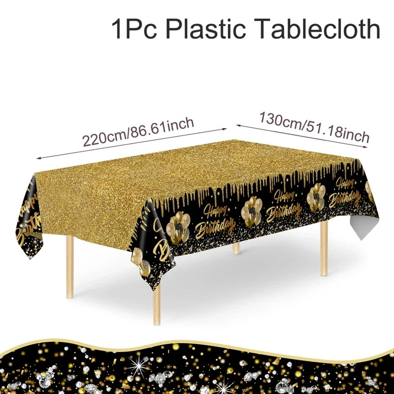 220x130cm Black Gold Disposable Plastic Tablecloth Birthday Party Decorations for Men Women Years Old Table Cover Party Supplies