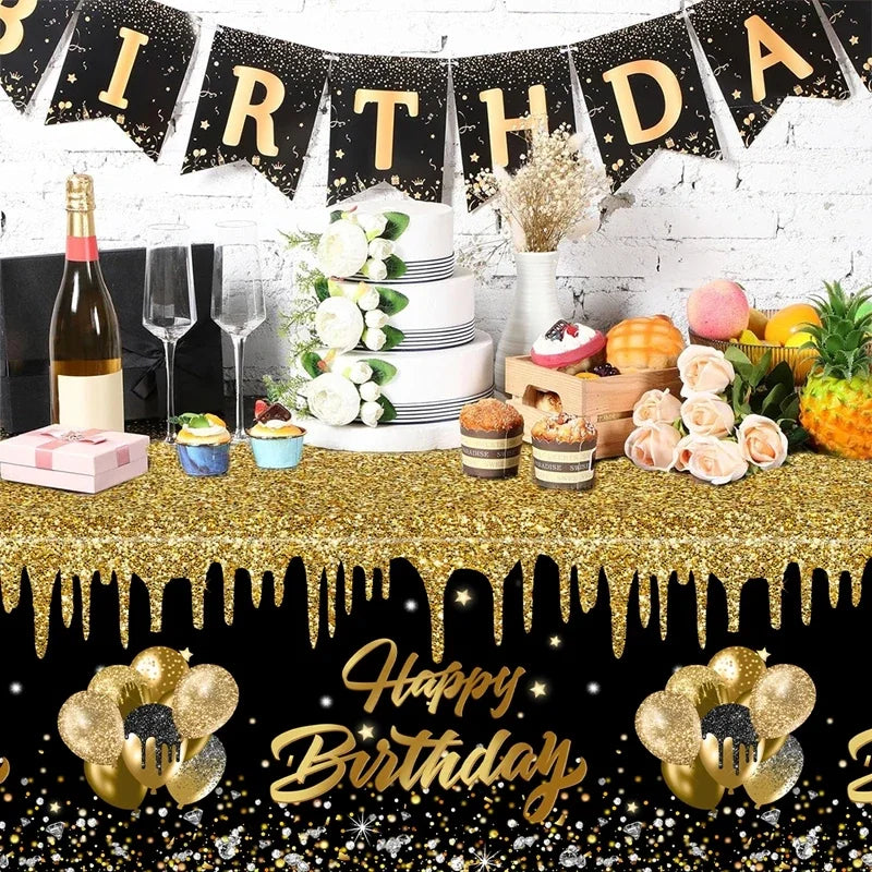 220x130cm Black Gold Disposable Plastic Tablecloth Birthday Party Decorations for Men Women Years Old Table Cover Party Supplies