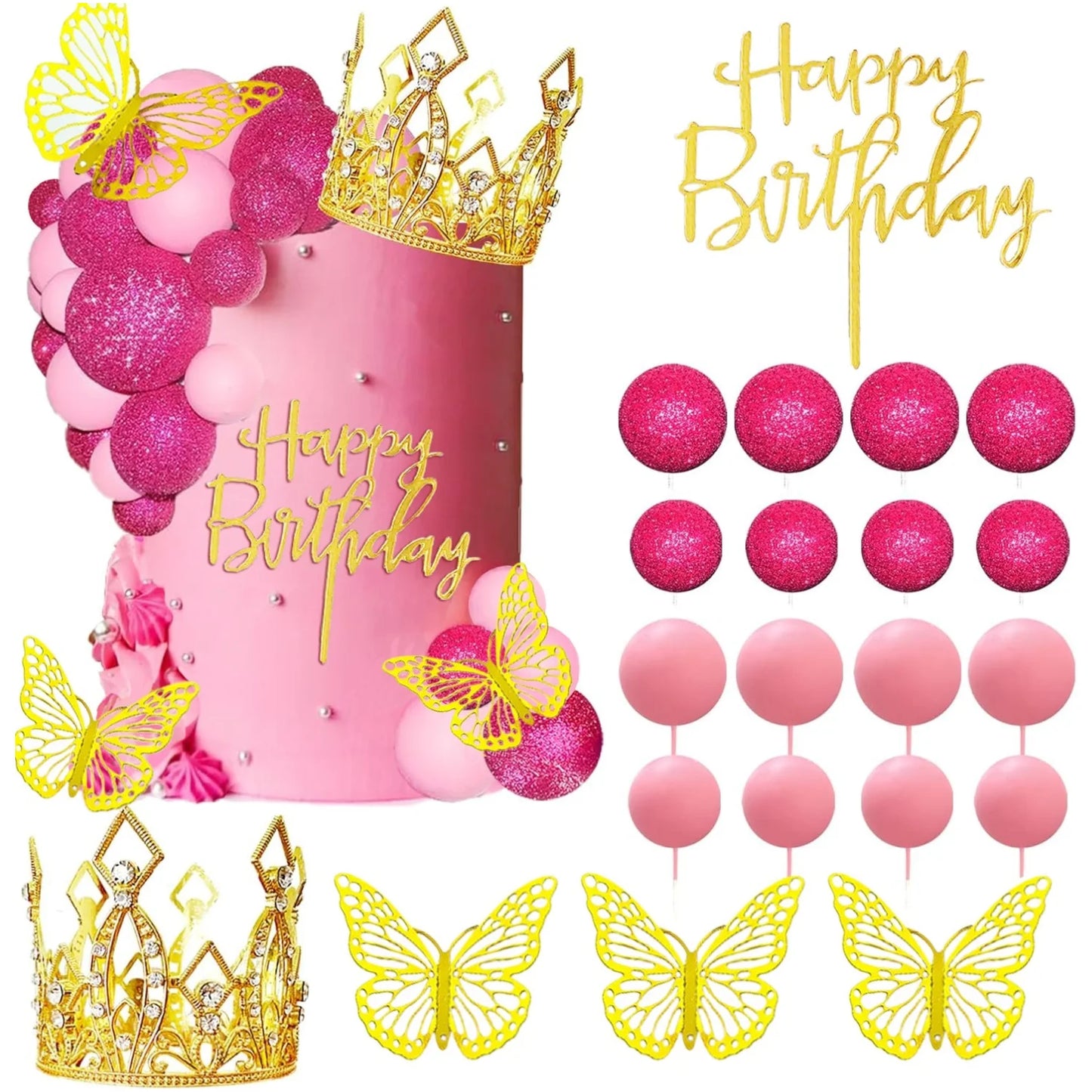 Balls Cake Toppers Happy Birthday Crown Tiara Cake Toppers for Birthday Wedding Baby Shower Party Decorations
