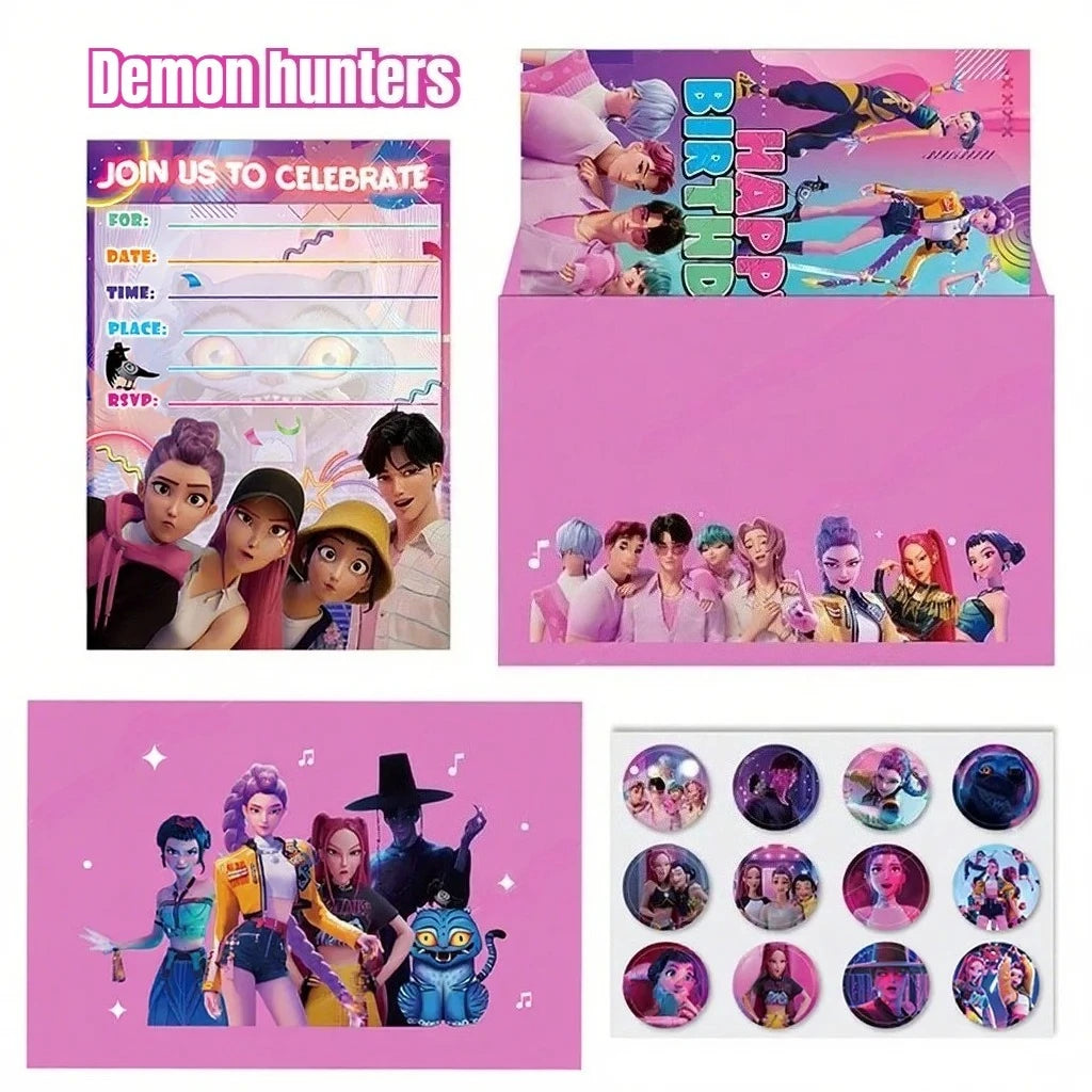 12PCS cartoon Anime Theme Invitation Cards  Kpop Single  Double Sided Cute Cartoon Birthday Party Invitation Cards for Kids Fans