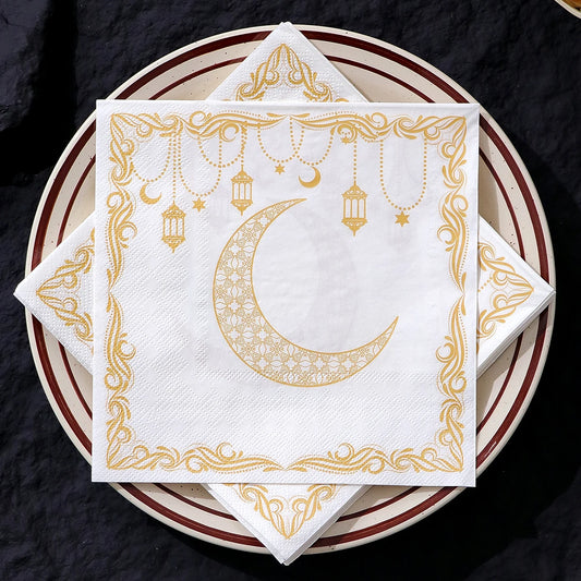 20 Elegant Disposable Ramadan Party Napkins Featuring a Yellow Moon Lantern Design, Perfect for Eid Celebrations, Home, Kitchen