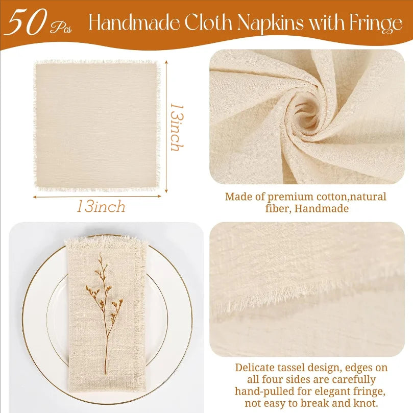50 Pack 32x32cm Handmade Cotton Cloth Napkins, 100% Cotton Gauze Napkins with Fringe for Dinners, Parties, Weddings, Banquets