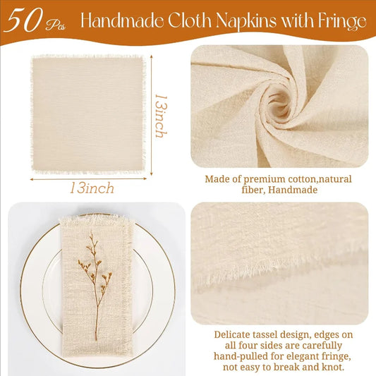 50 Pack 32x32cm Handmade Cotton Cloth Napkins, 100% Cotton Gauze Napkins with Fringe for Dinners, Parties, Weddings, Banquets