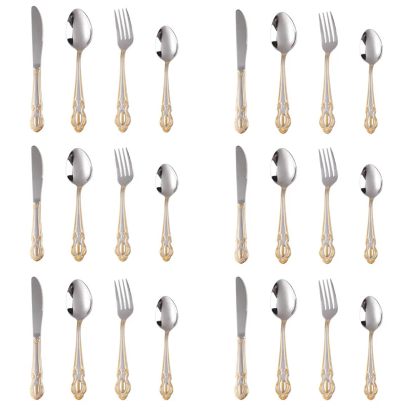 Golden Cutlery Set,Luxury Retro Western Flatware Set,Dinner Serving for 6,Includes Spoons, Forks,Knifes,Dishwasher Safe