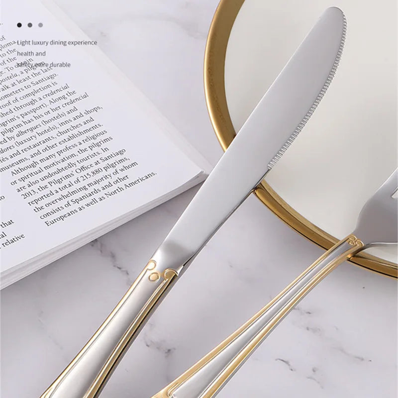 Golden Cutlery Set,Luxury Retro Western Flatware Set,Dinner Serving for 6,Includes Spoons, Forks,Knifes,Dishwasher Safe