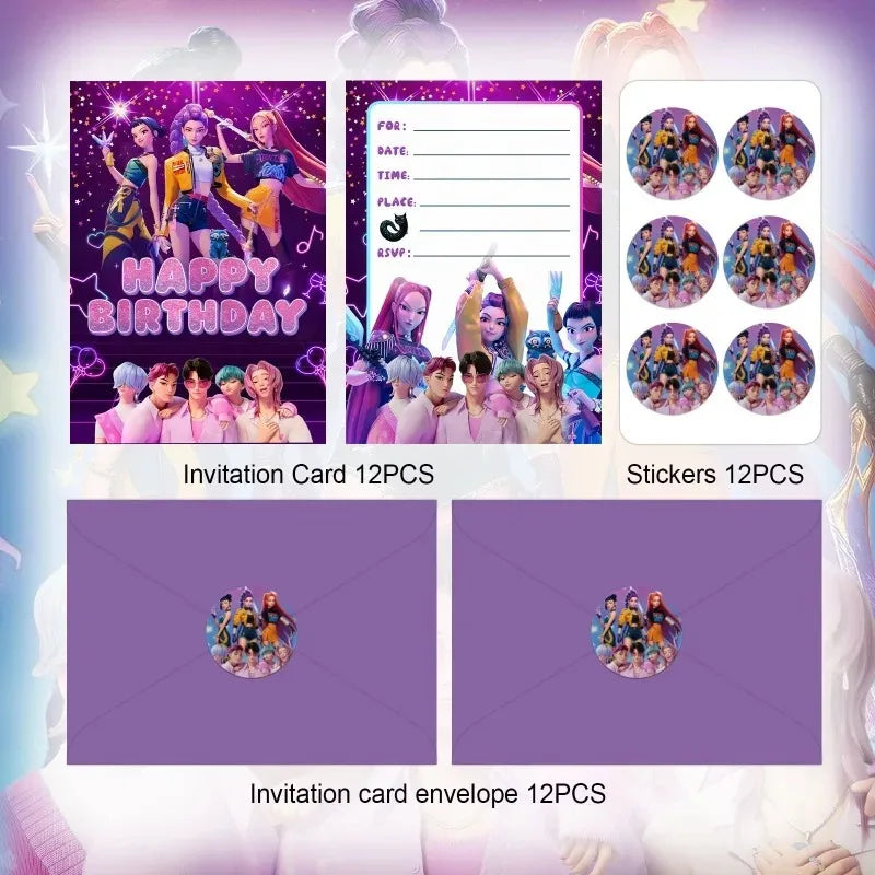 12PCS cartoon Anime Theme Invitation Cards  Kpop Single  Double Sided Cute Cartoon Birthday Party Invitation Cards for Kids Fans
