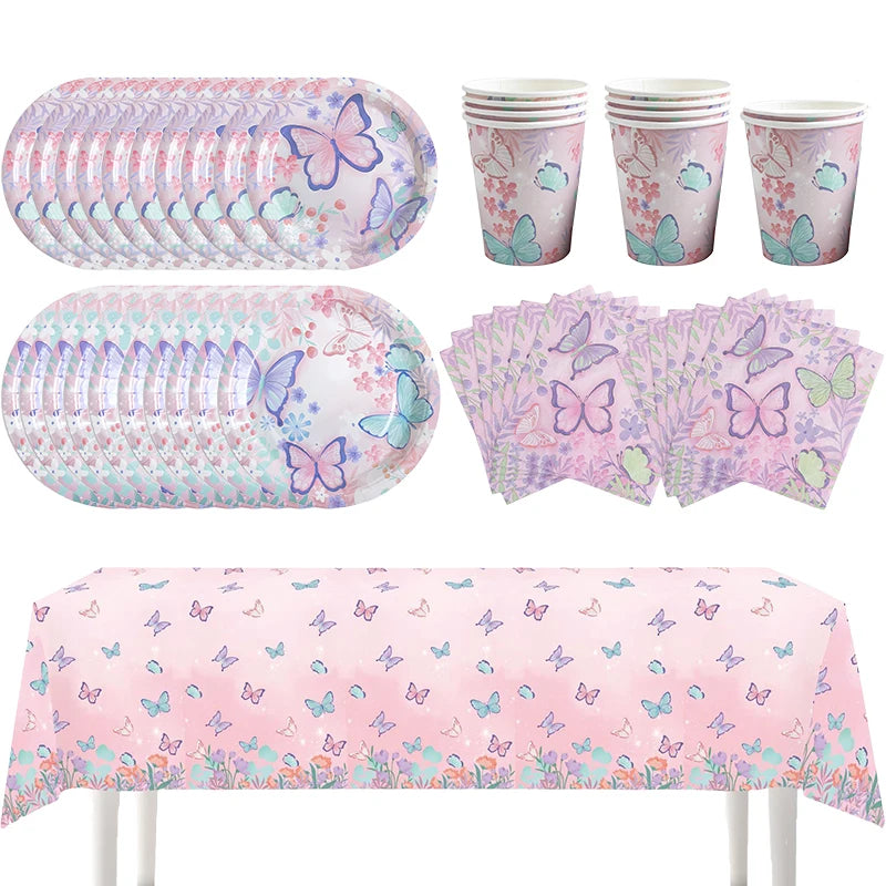 Butterfly Party Tableware Set  Butterfly Pattern Paper Plate Napkin Cup Disposable Tablecloth for Baby Shower Birthday Supplies