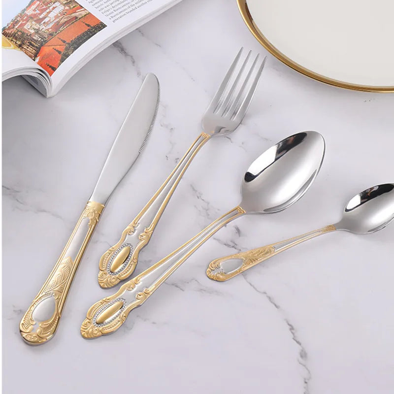 Golden Cutlery Set,Luxury Retro Western Flatware Set,Dinner Serving for 6,Includes Spoons, Forks,Knifes,Dishwasher Safe
