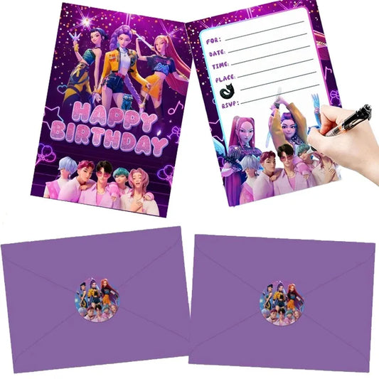 12PCS cartoon Anime Theme Invitation Cards  Kpop Single  Double Sided Cute Cartoon Birthday Party Invitation Cards for Kids Fans