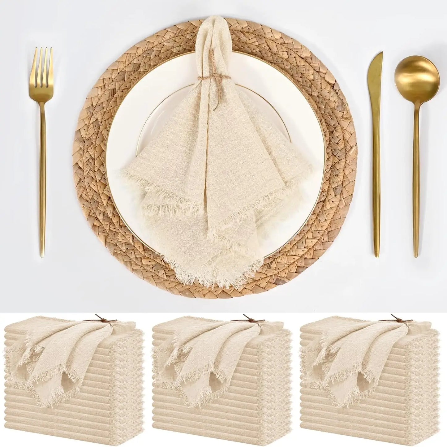50 Pack 32x32cm Handmade Cotton Cloth Napkins, 100% Cotton Gauze Napkins with Fringe for Dinners, Parties, Weddings, Banquets