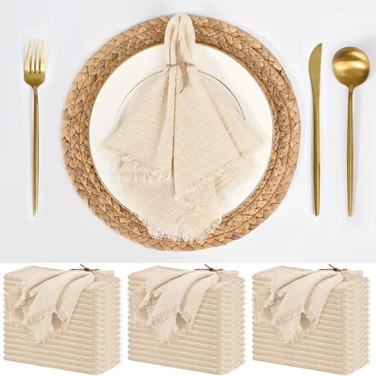 50 Pack 32x32cm Handmade Cotton Cloth Napkins, 100% Cotton Gauze Napkins with Fringe for Dinners, Parties, Weddings, Banquets